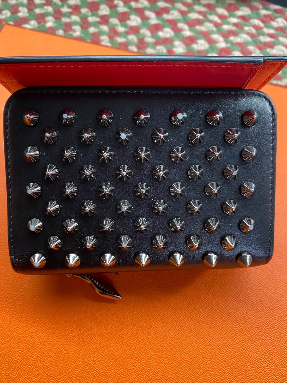 Christian Louboutin Black Leather Studded Compact Wallet with Red Zip Accent - Picture 13 of 16